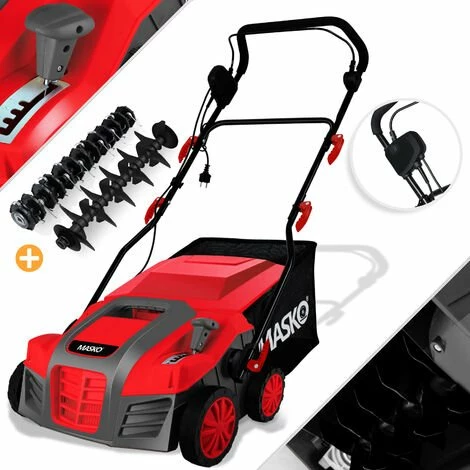 MASKO® - Scarificateur électrique 2 en 1 Aérateur De Gazon 1 800 watts Largeur De Travail 40 cm Bac De Ramassage 55 L Incluant Rouleau De Ventilation Aérateur Démousseur, Profondeur De Travail Réglable Sur 5 niveaux, Guidon Réglable, Rouge 1 MASKO® - Scarificateur électrique 2 en 1 Aérateur De Gazon 1 800 watts Largeur De Travail 40 cm Bac De Ramassage 55 L Incluant Rouleau De Ventilation Aérateur Démousseur, Profondeur De Travail Réglable Sur 5 niveaux, Guidon Réglable, Rouge