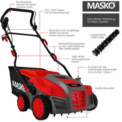 MASKO® - Scarificateur électrique 2 en 1 Aérateur De Gazon 1 800 watts Largeur De Travail 40 cm Bac De Ramassage 55 L Incluant Rouleau De Ventilation Aérateur Démousseur, Profondeur De Travail Réglable Sur 5 niveaux, Guidon Réglable, Rouge 2 MASKO® - Scarificateur électrique 2 en 1 Aérateur De Gazon 1 800 watts Largeur De Travail 40 cm Bac De Ramassage 55 L Incluant Rouleau De Ventilation Aérateur Démousseur, Profondeur De Travail Réglable Sur 5 niveaux, Guidon Réglable, Rouge – Image 2