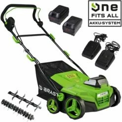 BRAST Scarificateur Batterie 40V 38cm, 2en1 3000tr/min 16 Lames De Scarification, 24 D‘aiguilles D'aération Env. 300m², Bac 50l, Livrée Avec 2 Batteries (2x20V) Et 2 Chargeurs -Scarificateur Soldes Boutique 55050997 5